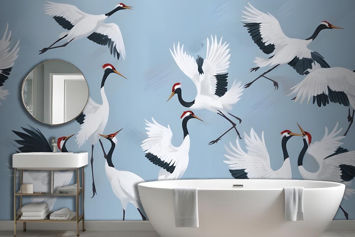 Flying Japanese Cranes Blue Painted Wallpaper Mural