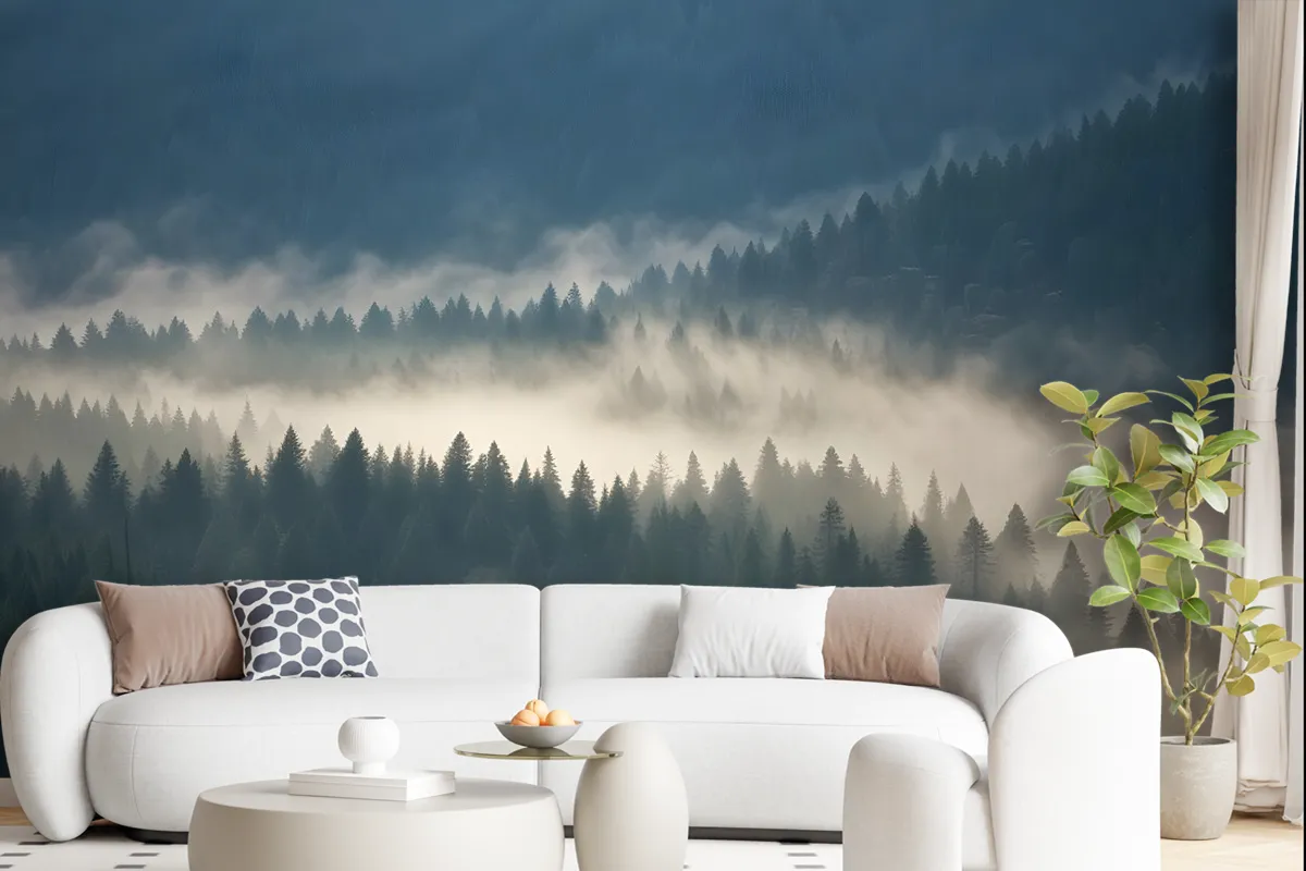 Foggy Pine Woods Landscape Wallpaper Mural