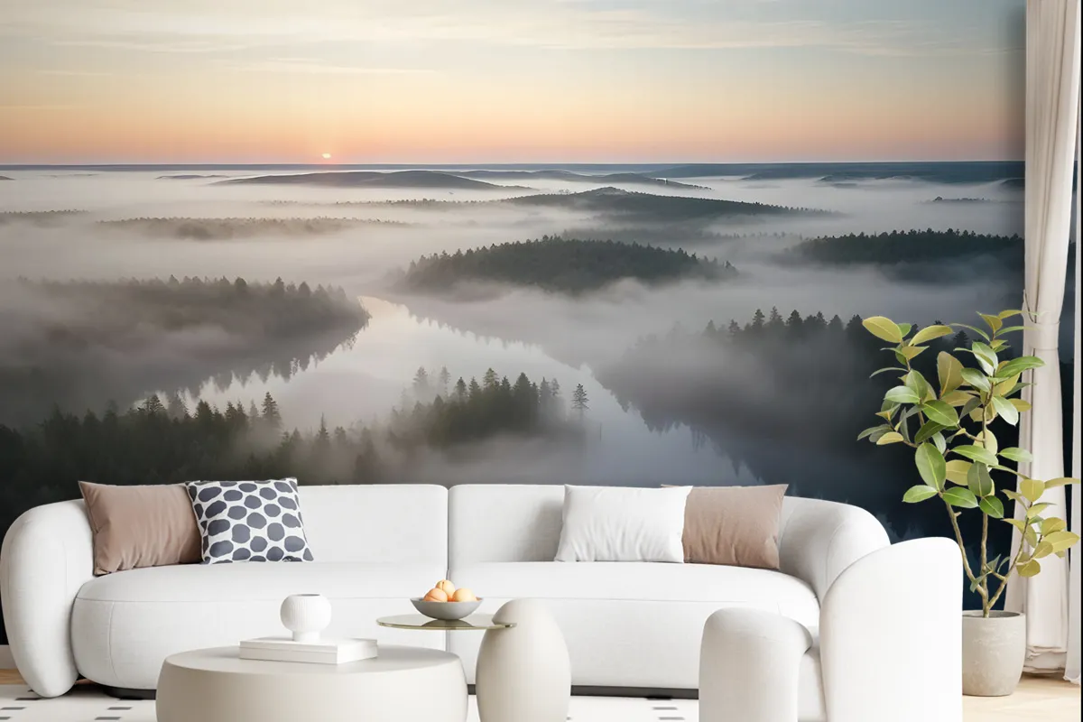 Foggy Rive Forest Landscape Wallpaper Mural