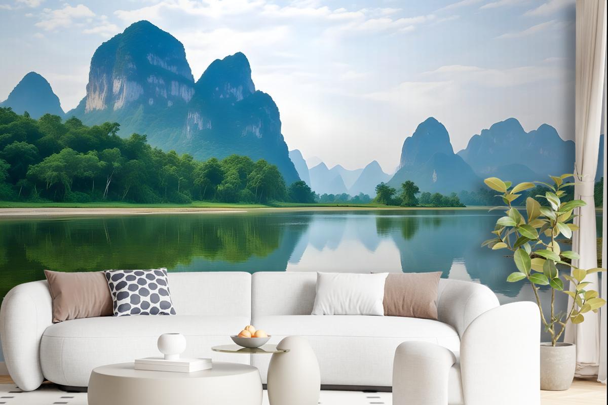 Forest Lake Landscape With Mountains Wallpaper Mural