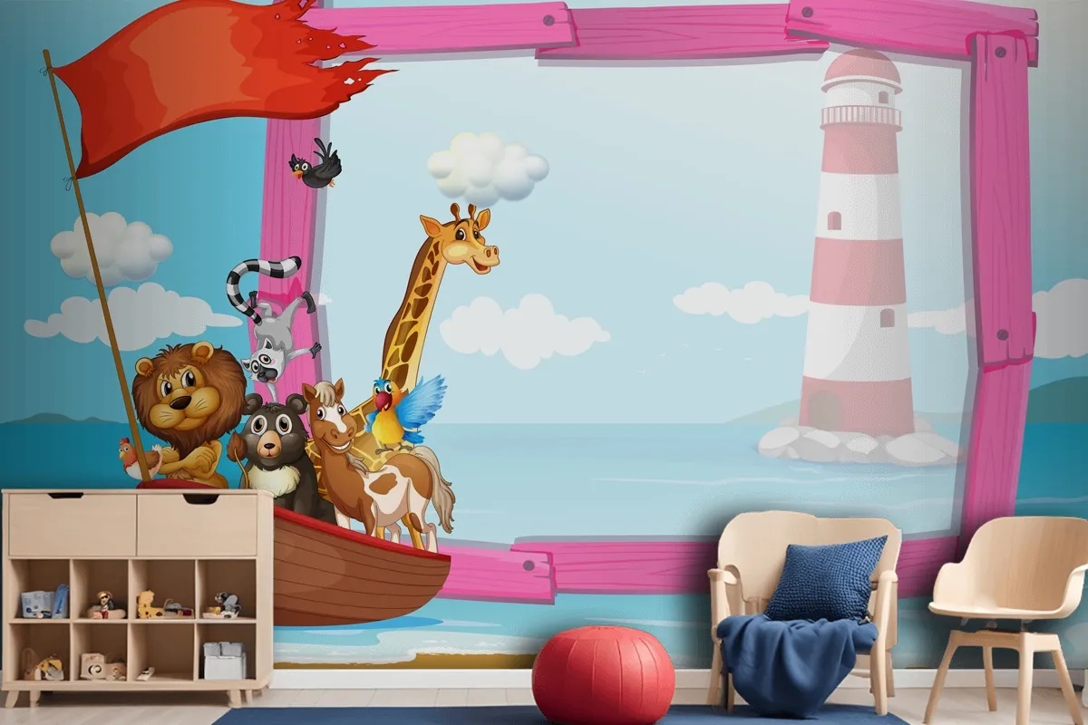 Frame With Wild Animals In The Boat Wallpaper Mural