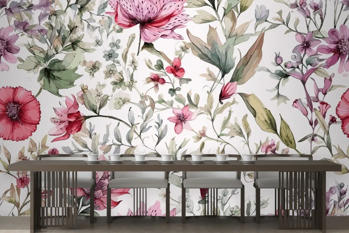 Colourful Floral Background With Leaves Wallpaper Mural