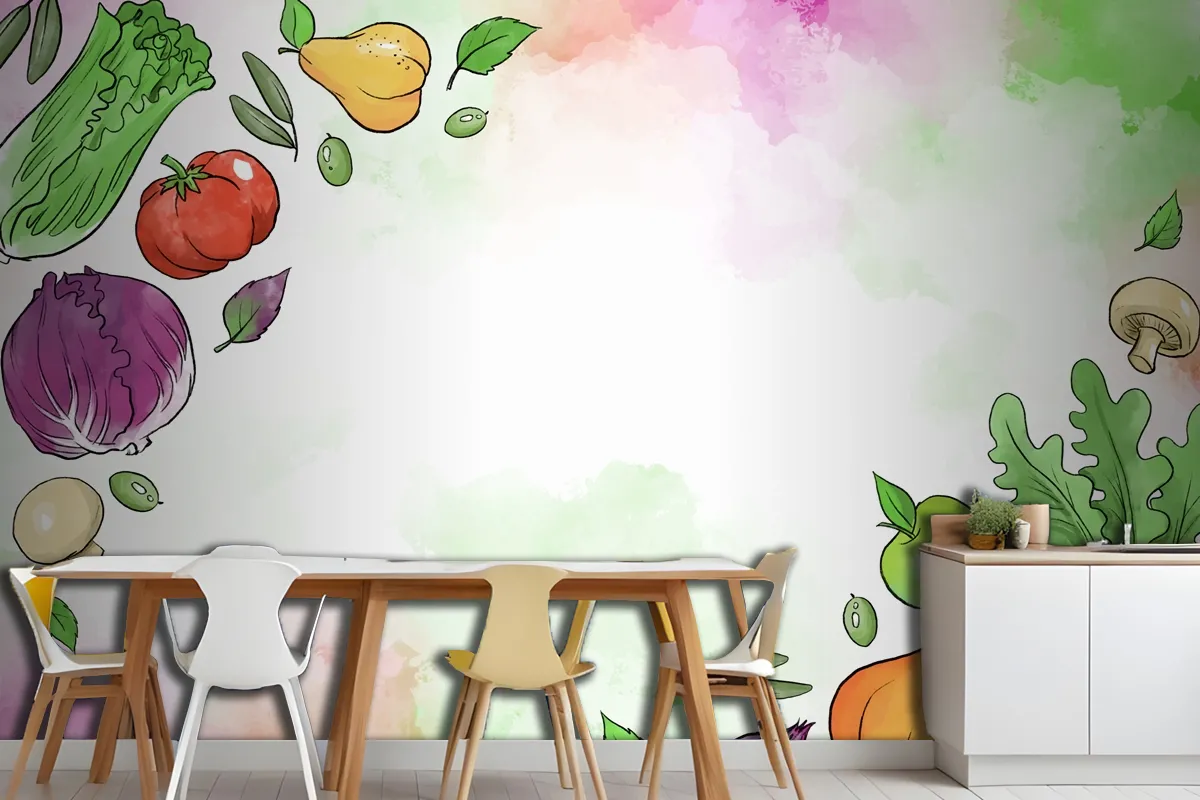 Fruit And Vegetables Hand Drawn Wallpaper Mural