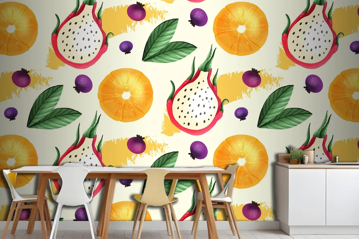 Fruits Pattern With Dragon Fruit Kitchen Wallpaper Mural