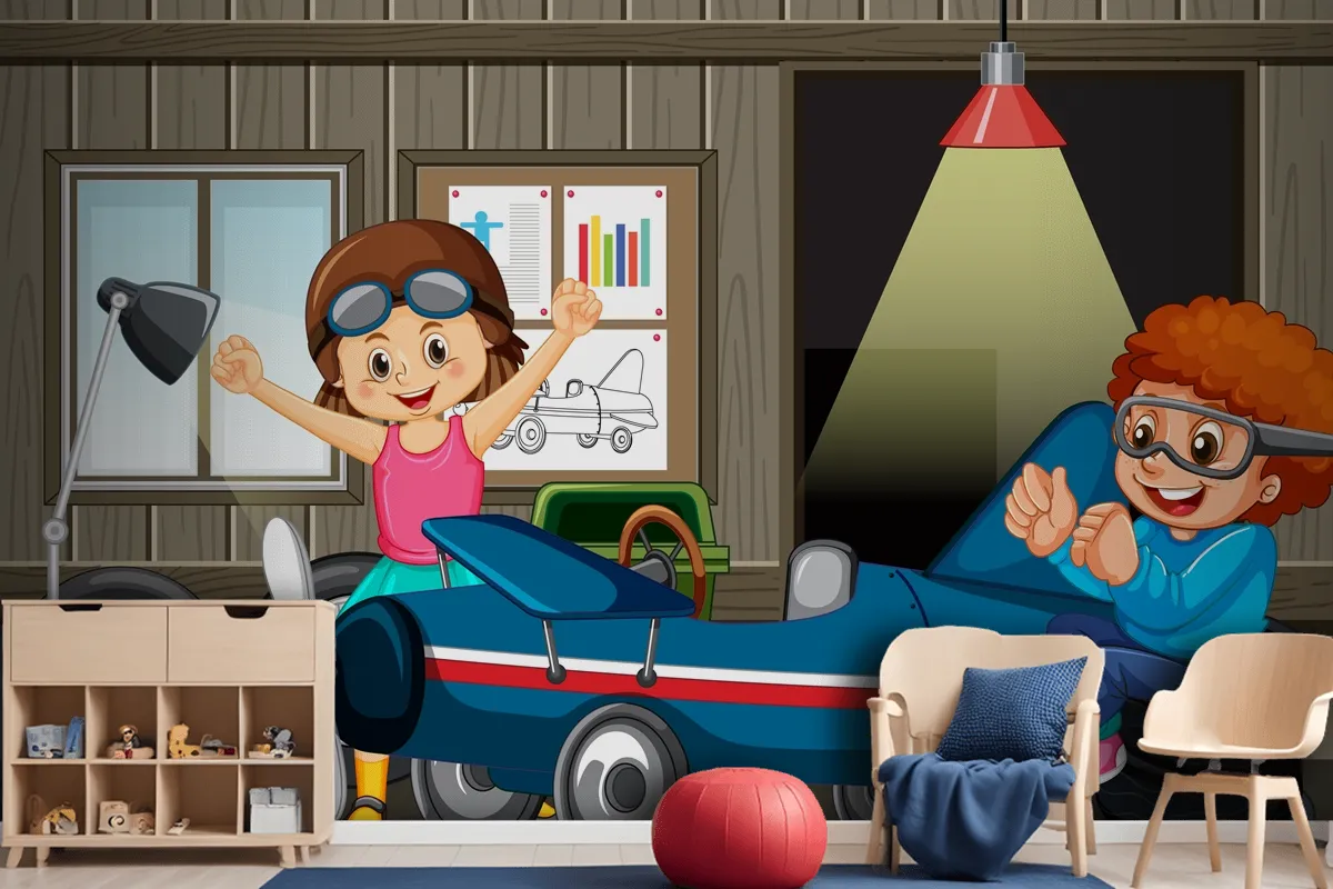 Garage Scene With Children Fixing A Car Together Wallpaper Mural