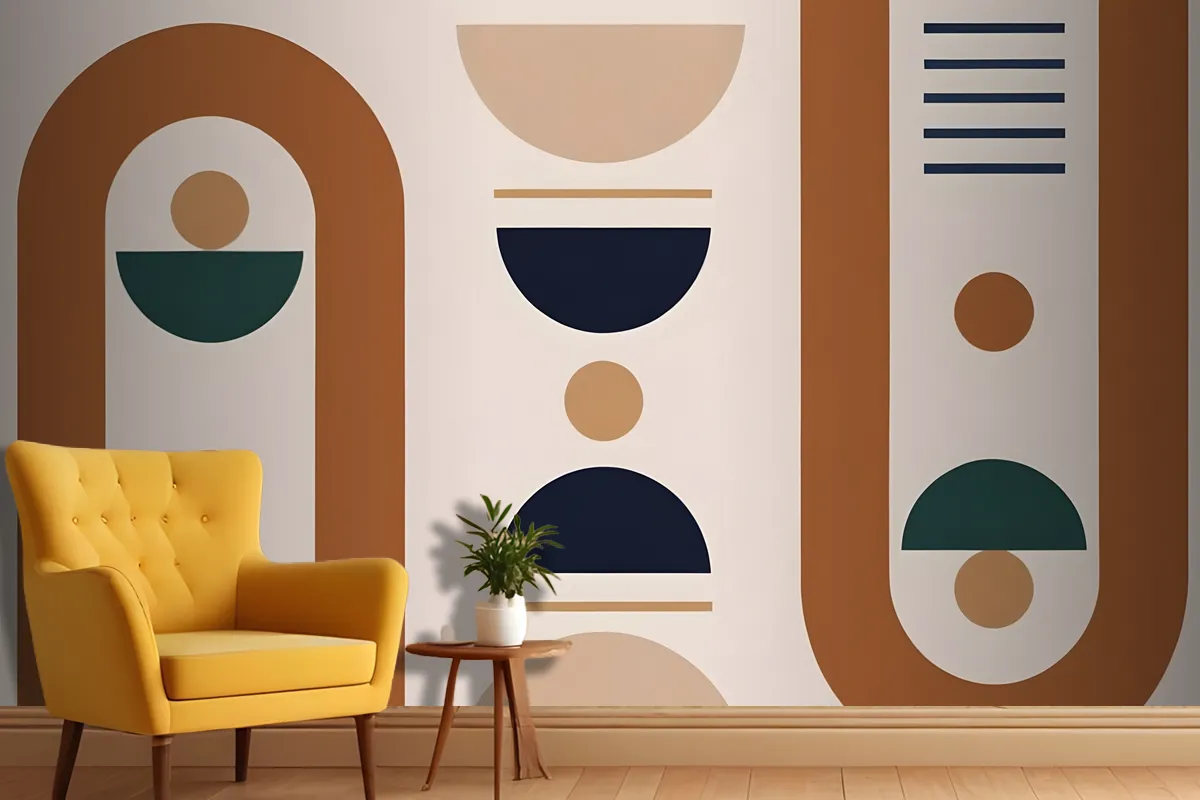 Geometric Shapes And Forms In Earthy Tones Of Brown Beige Navy And Green Wallpaper Mural