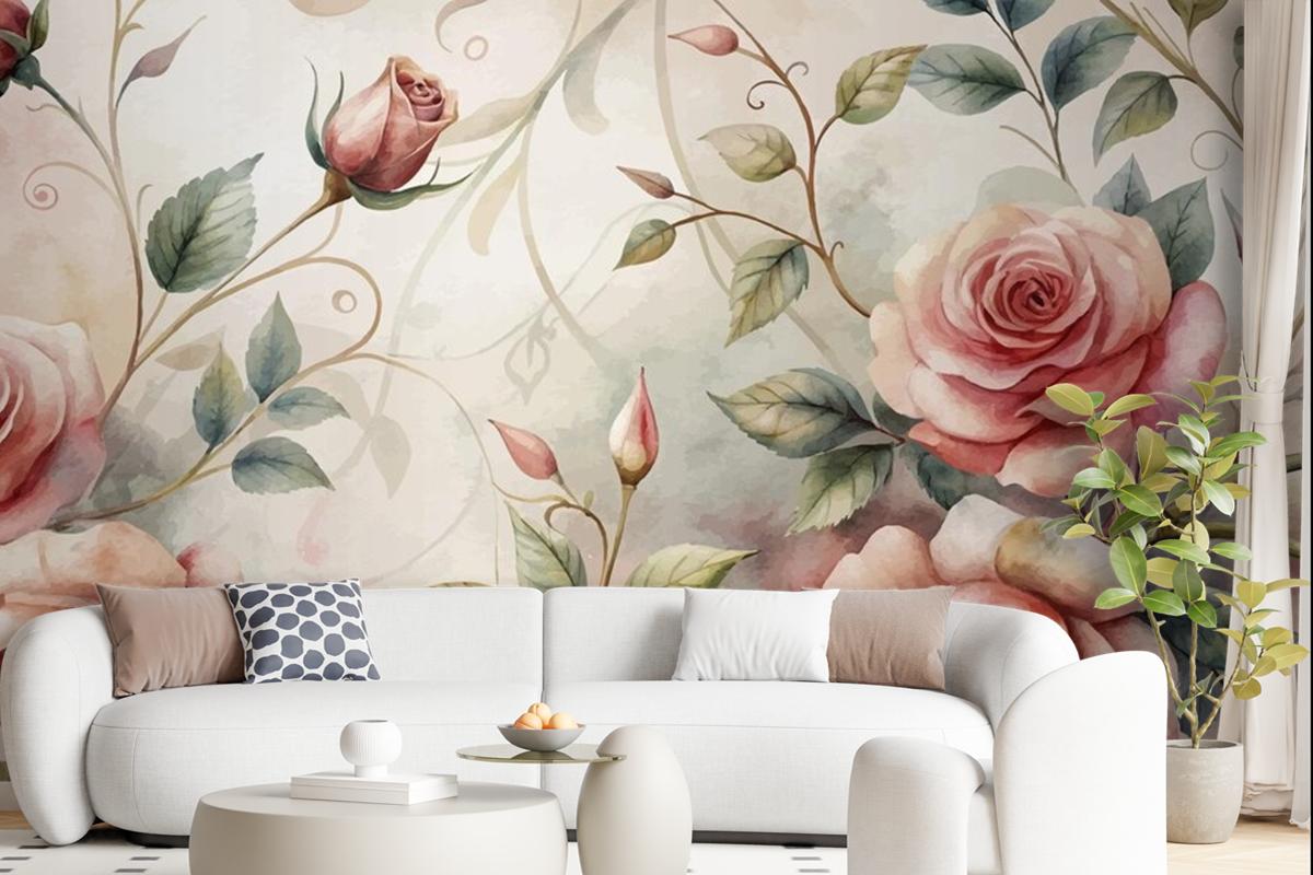 Graceful Rose Tree Pattern Watercolor Background Wallpaper Mural