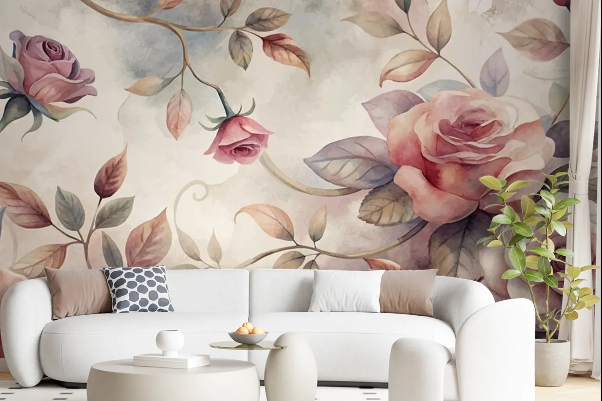 Graceful Rose Tree Pattern Watercolor Background Wallpaper Mural