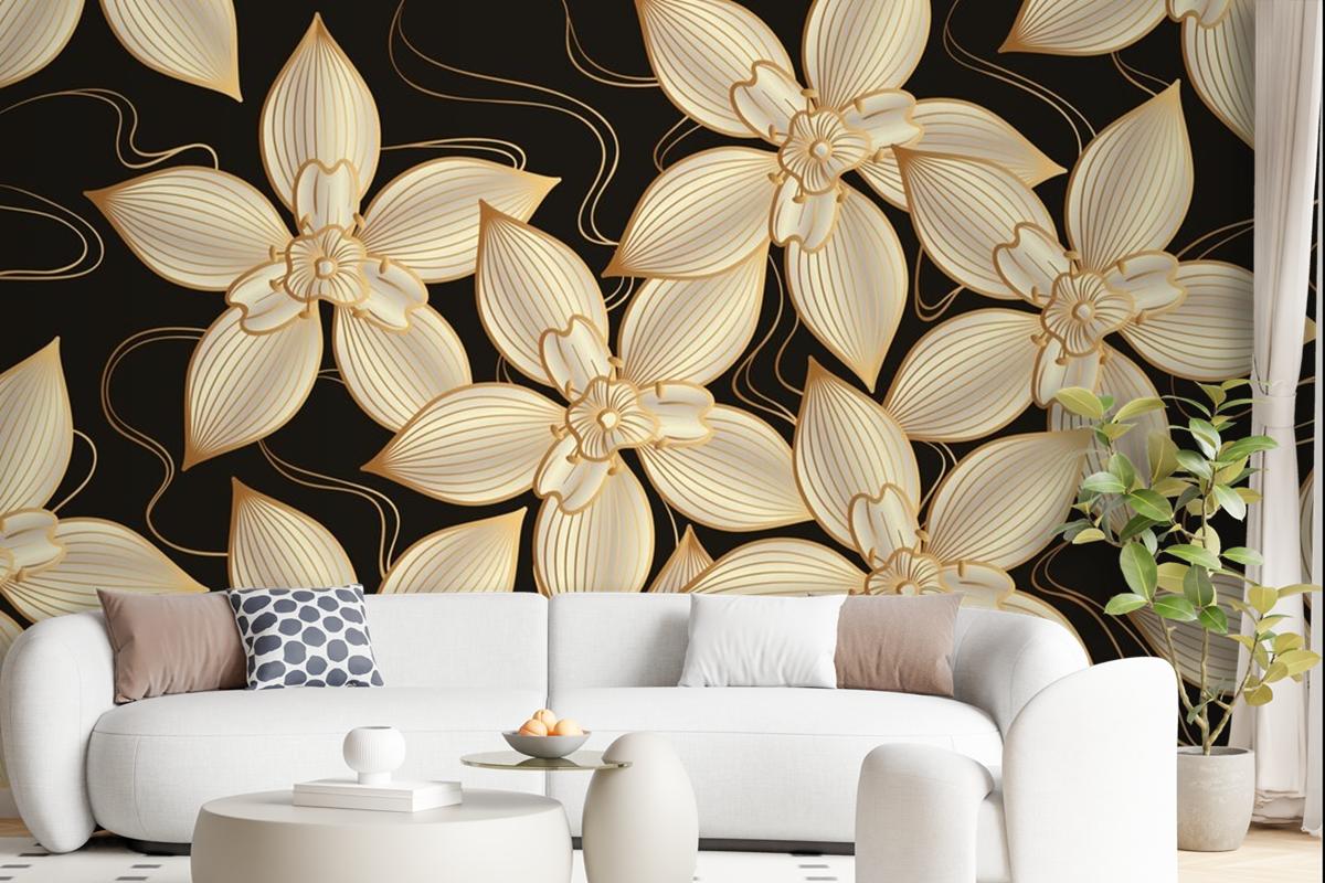 Gradient Golden Linear Background With Elegant Flowers Wallpaper Mural