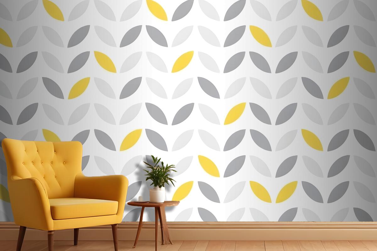 Gray And Yellow Leaf Shapes Arranged In A Repeating Geometric Design Wallpaper Mural