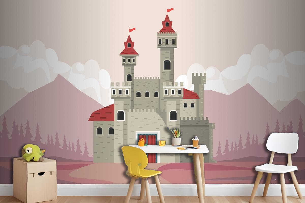 Gray Castle In Pink Landscape Scene Wallpaper Mural