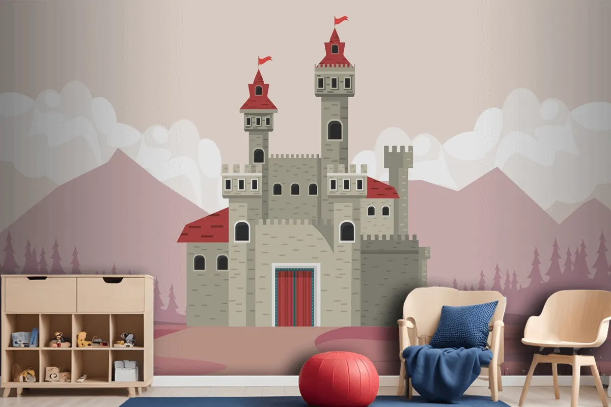 Gray Castle In Pink Landscape Scene Wallpaper Mural