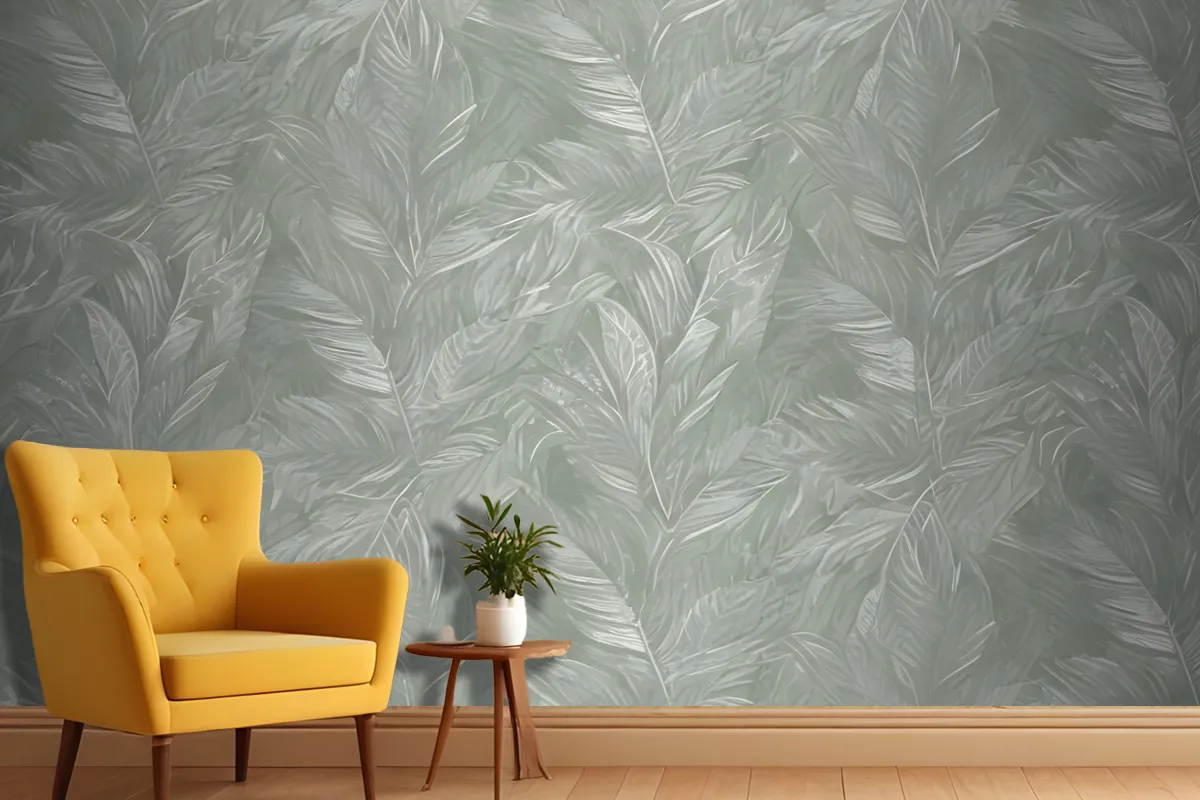 Green And White Abstract Pattern With Overlapping Leaf Or Featherlike Shapes Wallpaper Mural