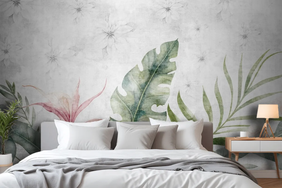 Green Branches Tree Leaves On Drawing Gray Wallpaper Mural