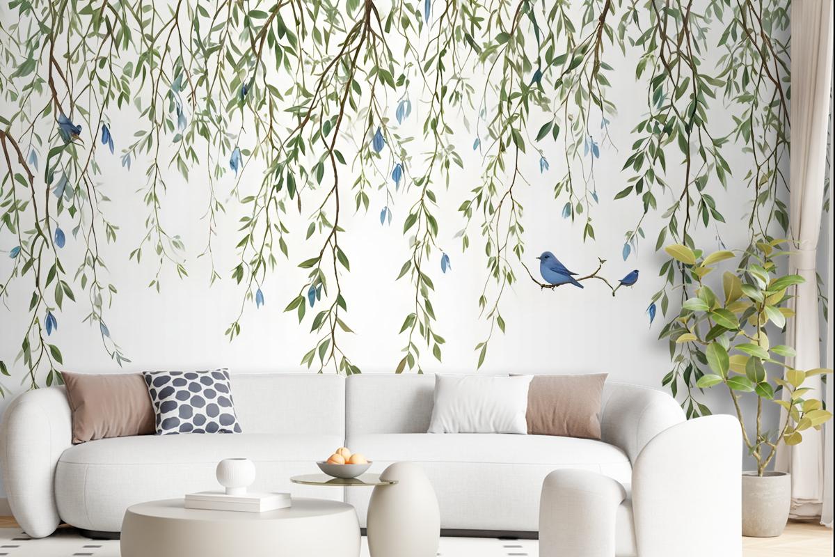 Green Hanging Leaves With Colorful Birds Wallpaper Mural