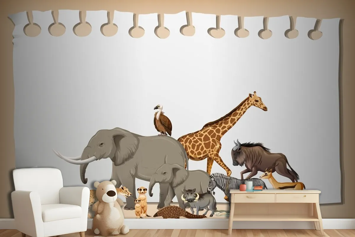 Group Of Wild African Animal On Paper Wallpaper Mural