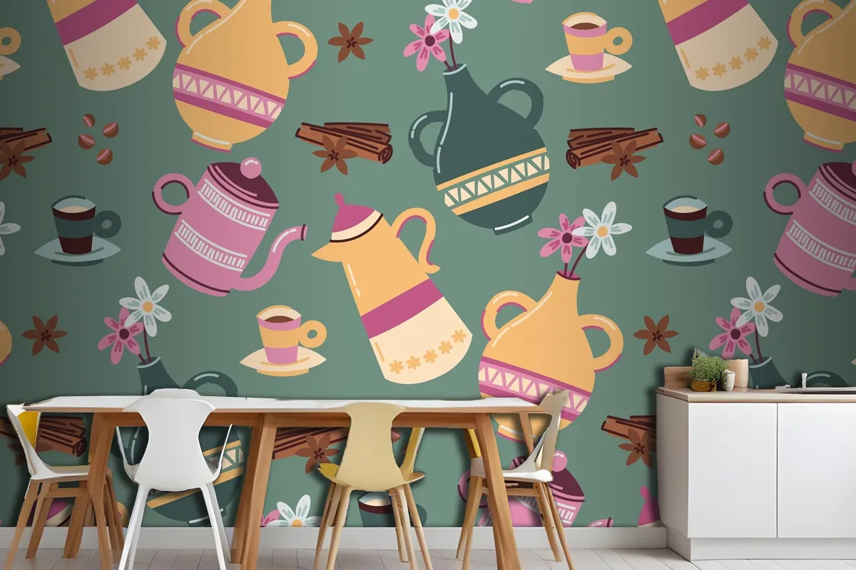 Hand Drawn Colorful Coffee Pattern Wallpaper Mural