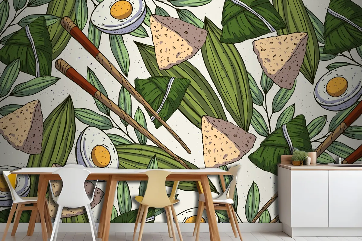 Hand Drawn Dragon Boats Zongzi Wallpaper Mural