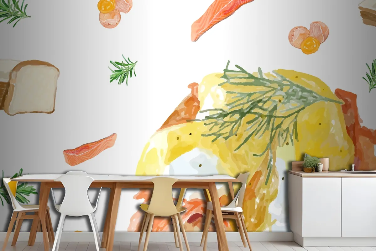 Hand Drawn Egg Benedic Watercolor Style Wallpaper Mural