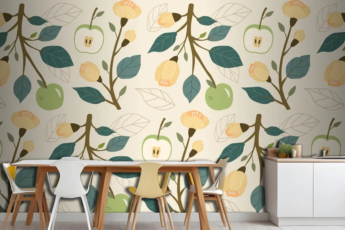 Hand Drawn Flat Fruit And Floral Pattern Kitchen Wallpaper Mural