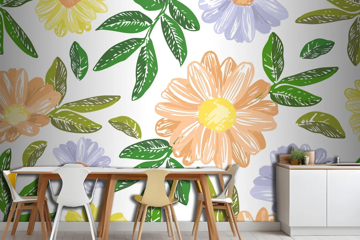 Hand Drawn Floral Embroidery Wallpaper Mural