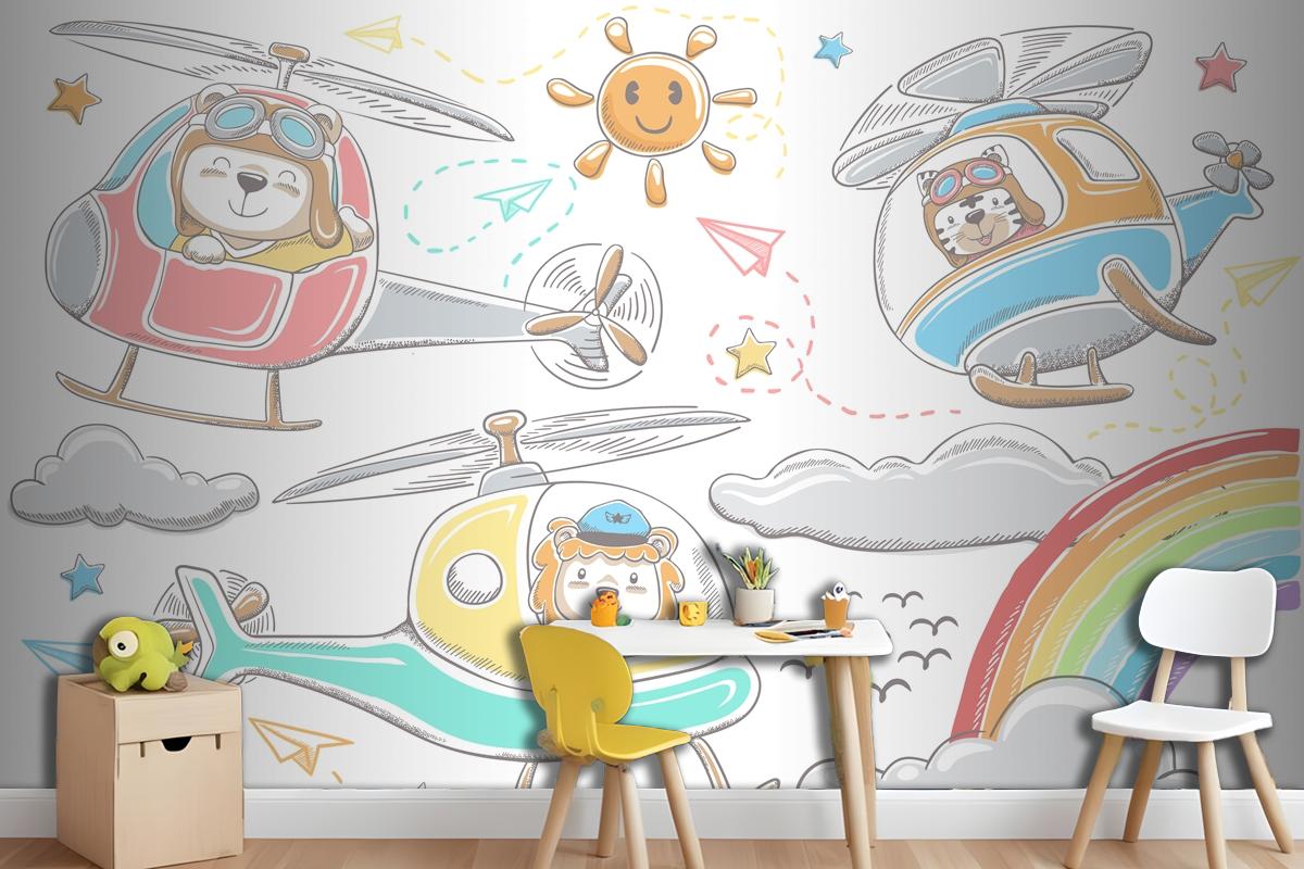 Hand Drawn Funny Animals Cartoon On Helicopters Sky Object Elements Cartoon Wallpaper Mural