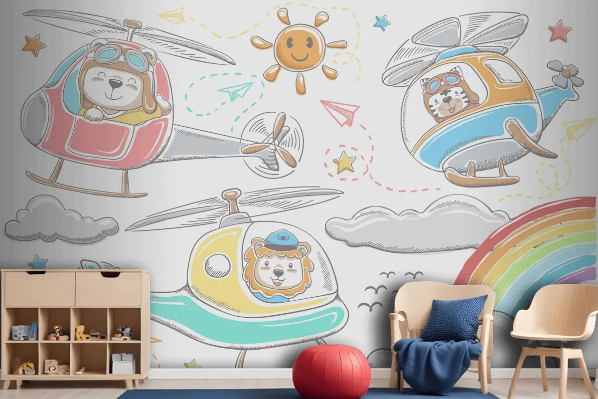 Hand Drawn Funny Animals Cartoon On Helicopters Sky Object Elements Cartoon Wallpaper Mural