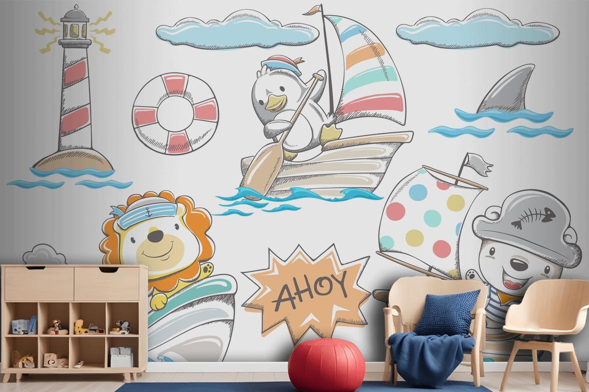 Hand Drawn Funny Animals Sailor With Sea Elements Wallpaper Mural