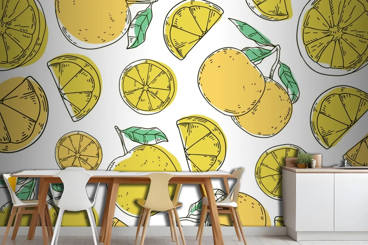 Hand Drawn Lineal Engraved Lemon Pattern Wallpaper Mural