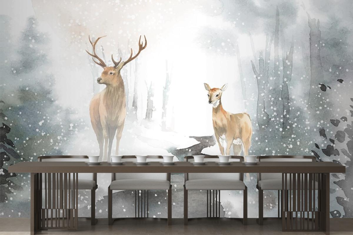 Handdrawn Pair Of Deer Watercolor Style Wallpaper Mural