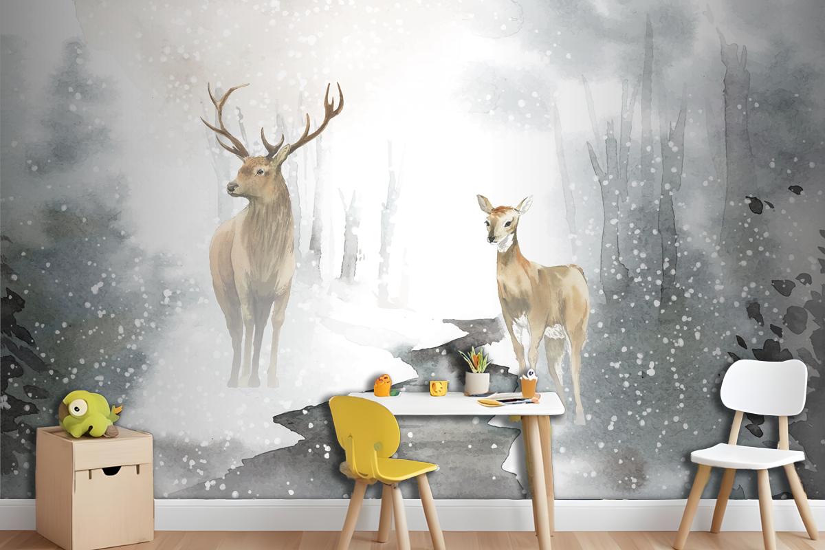 Handdrawn Pair Of Deer Watercolor Style Wallpaper Mural