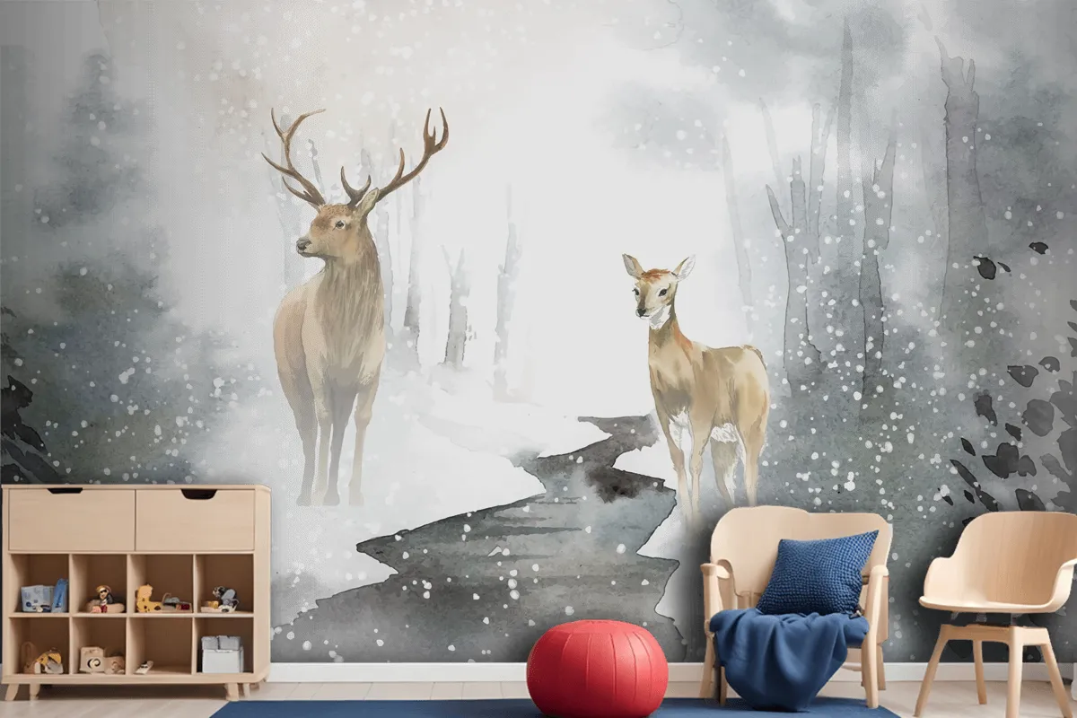 Handdrawn Pair Of Deer Watercolor Style Wallpaper Mural