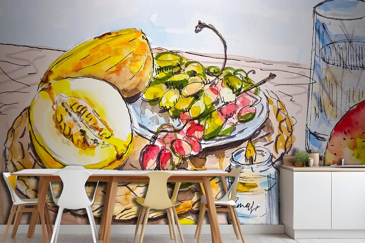 Hand Drawn Sketch Fruits On The Table At The Kitchen Grape Melon Mango Wallpaper Mural