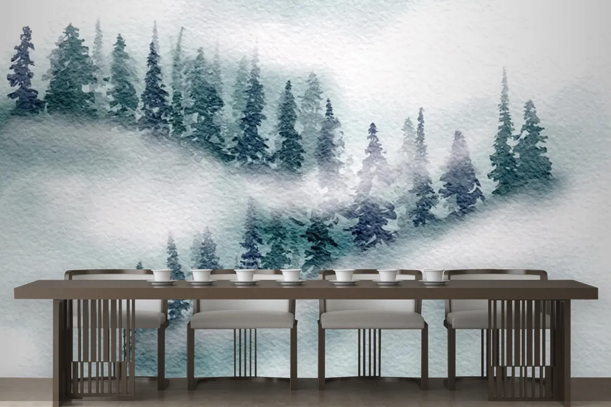 Hand Painted Japanese Themed Watercolour Landscape Wallpaper Mural