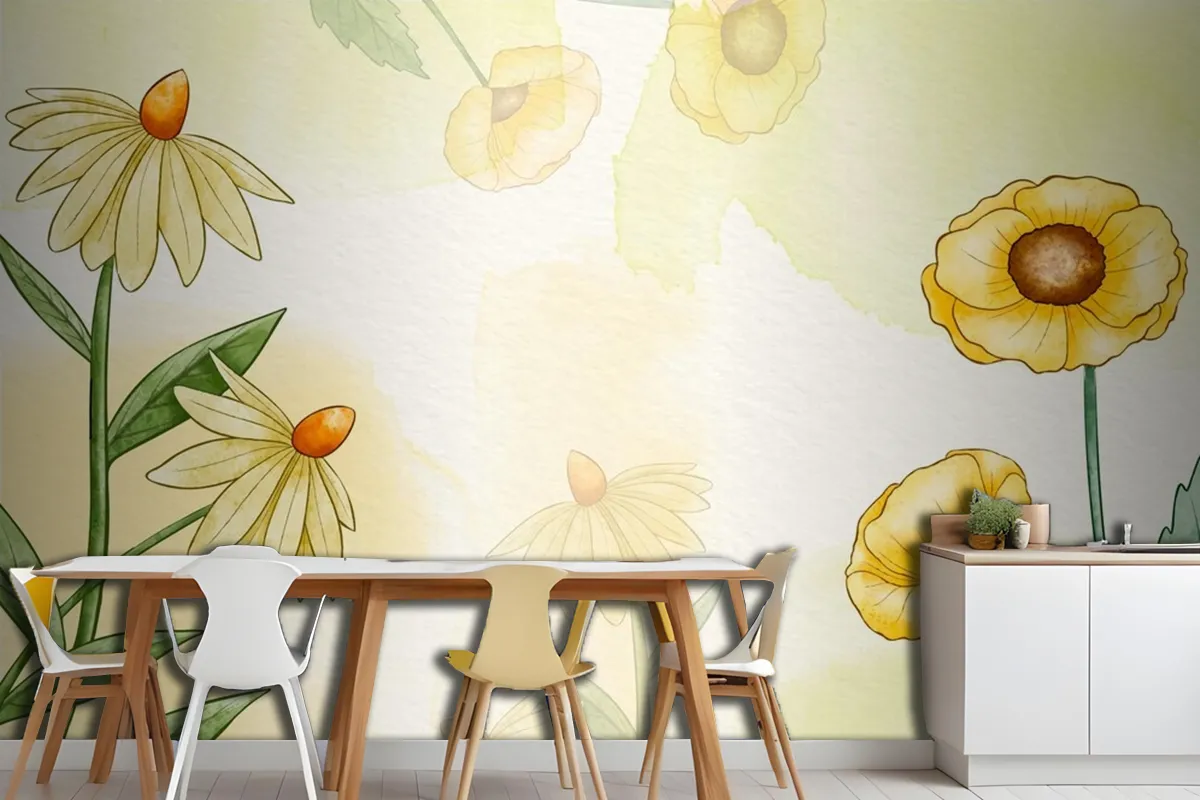 Hand Painted Watercolor Floral Kitchen Wallpaper Mural