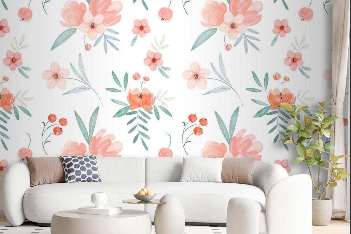 Hand Painted Watercolor Floral Pattern In Peach Tones Wallpaper Mural