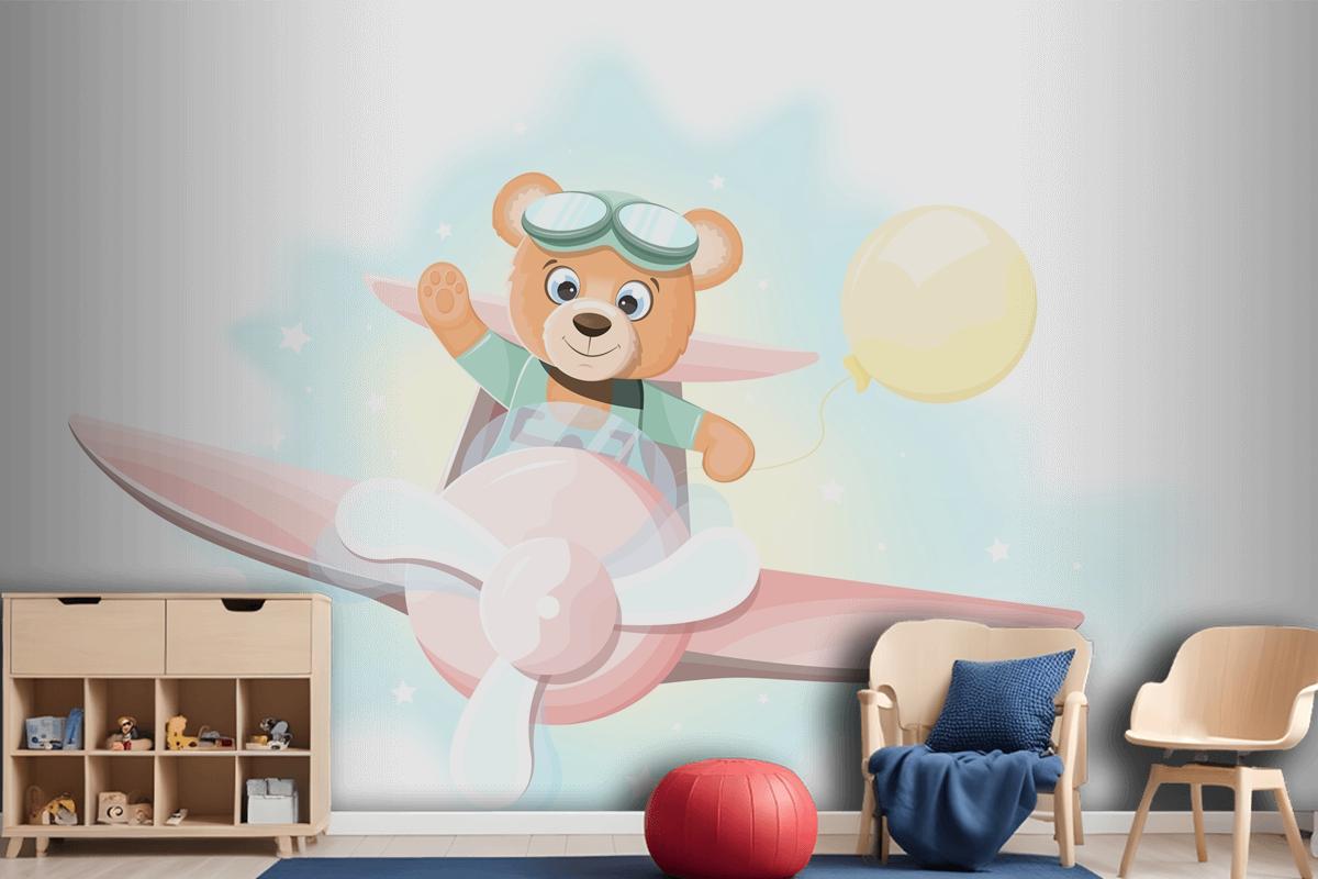 Happy Teddy Bear Flying On An Airplane Wallpaper Mural