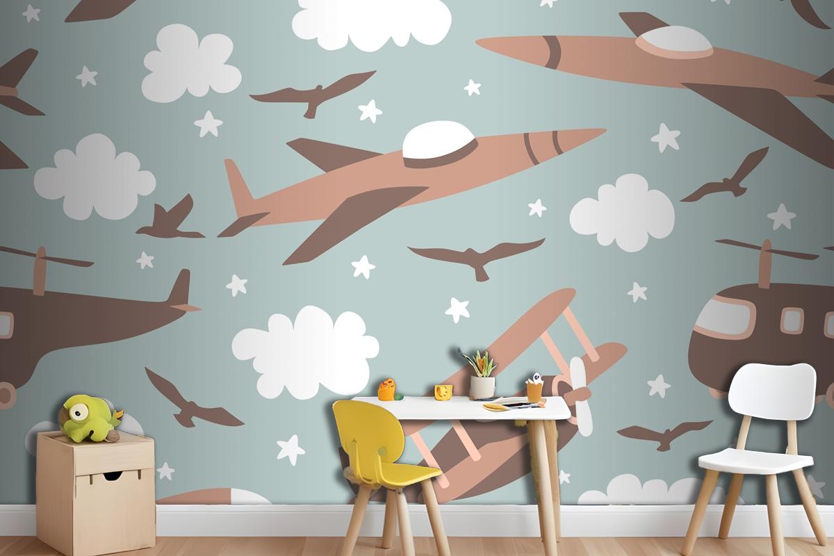 Hipster Doodles Colorful Seamless Pattern With Plane Drawing Boy Wallpaper Mural