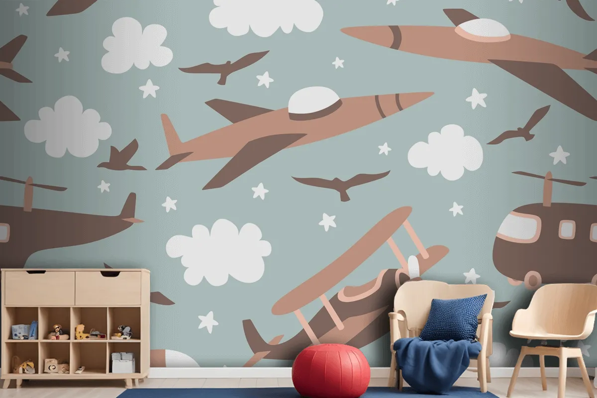 Hipster Doodles Colorful Seamless Pattern With Plane Drawing Boy Wallpaper Mural