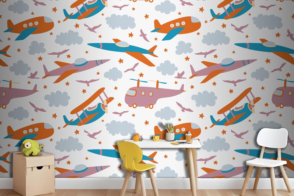 Hipster Doodles Colorful Seamless Pattern With Plane Drawing Wallpaper Mural