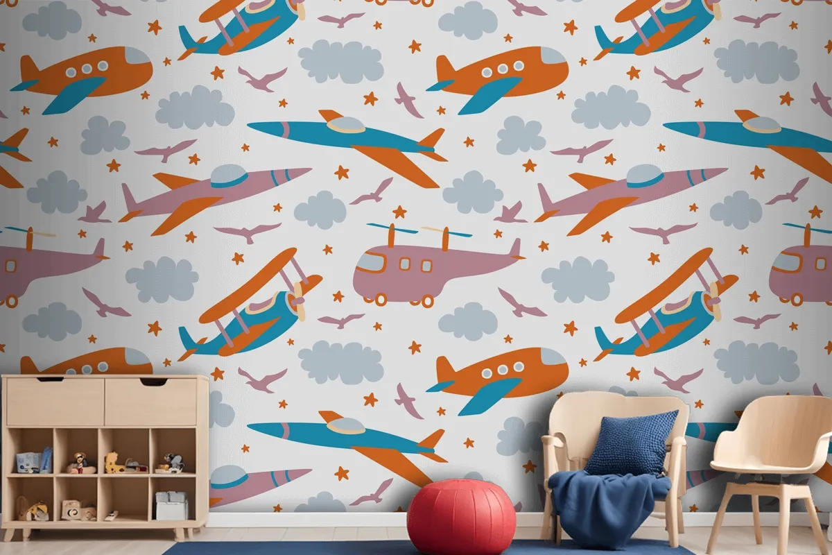 Hipster Doodles Colorful Seamless Pattern With Plane Drawing Wallpaper Mural