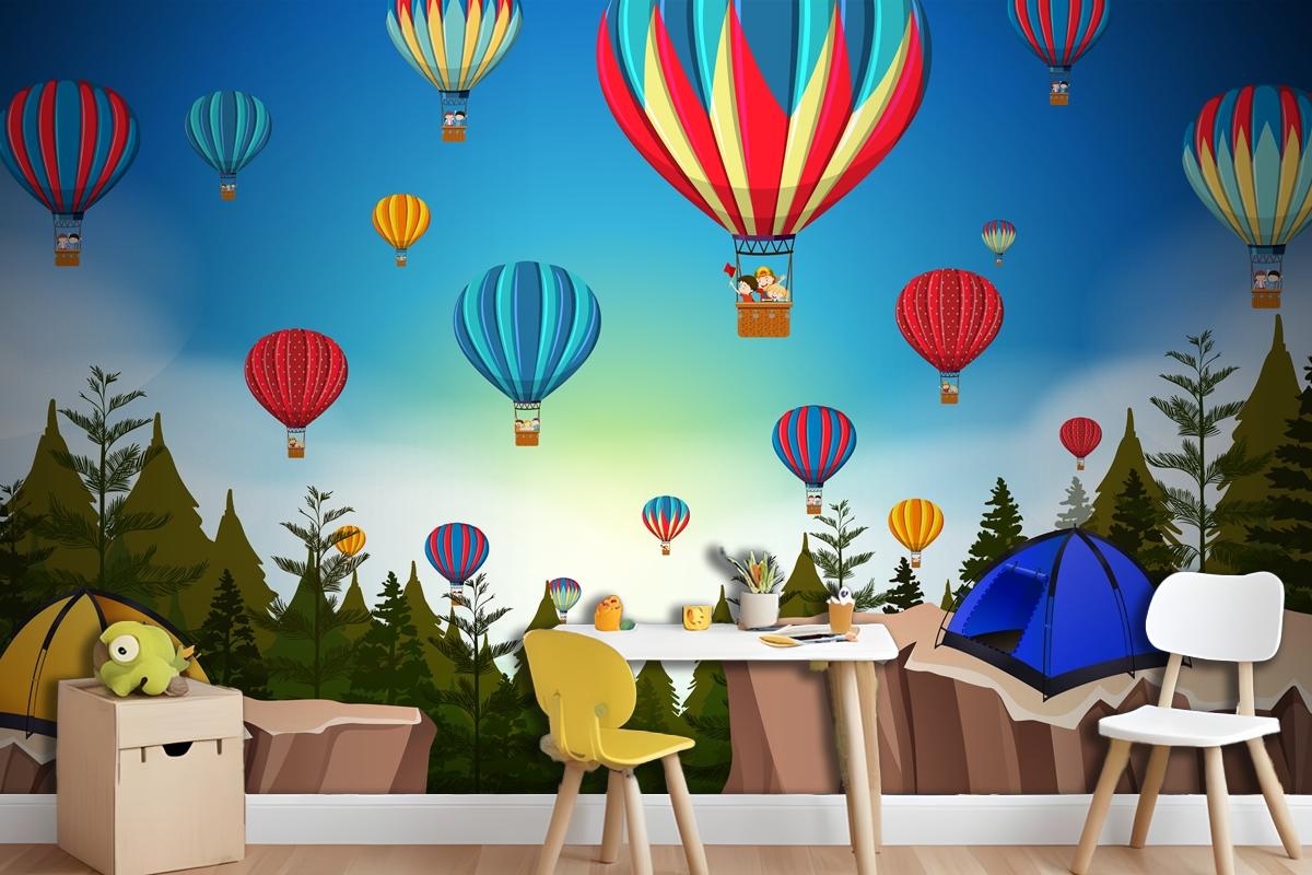 Hot Air Balloon In Nature Landscape Wallpaper Mural