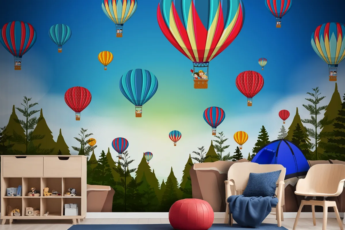 Hot Air Balloon In Nature Landscape Wallpaper Mural