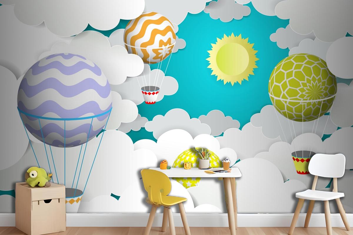 Hot Air Balloons In The Sky Paper Art Style Wallpaper Mural