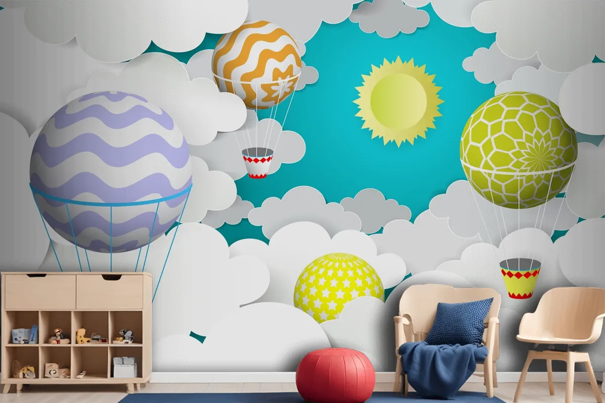 Hot Air Balloons In The Sky Paper Art Style Wallpaper Mural