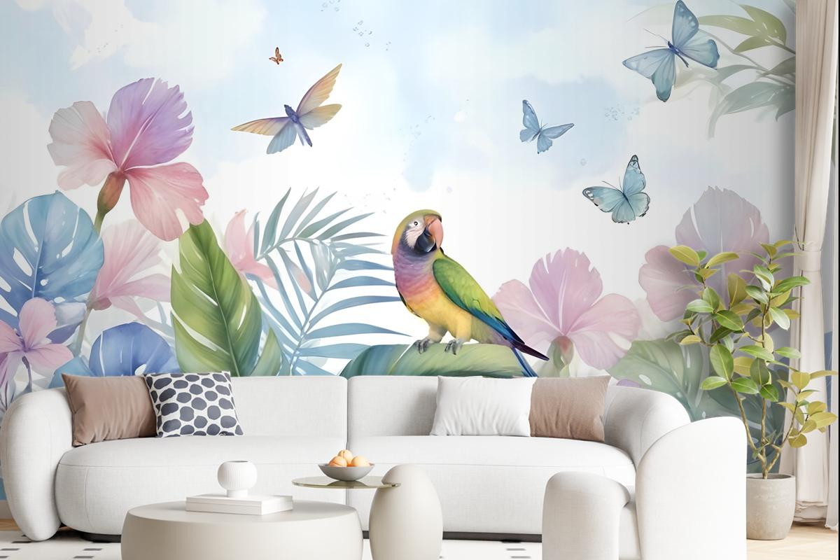 Hydrangea And Peony With Parrot Wallpaper Mural