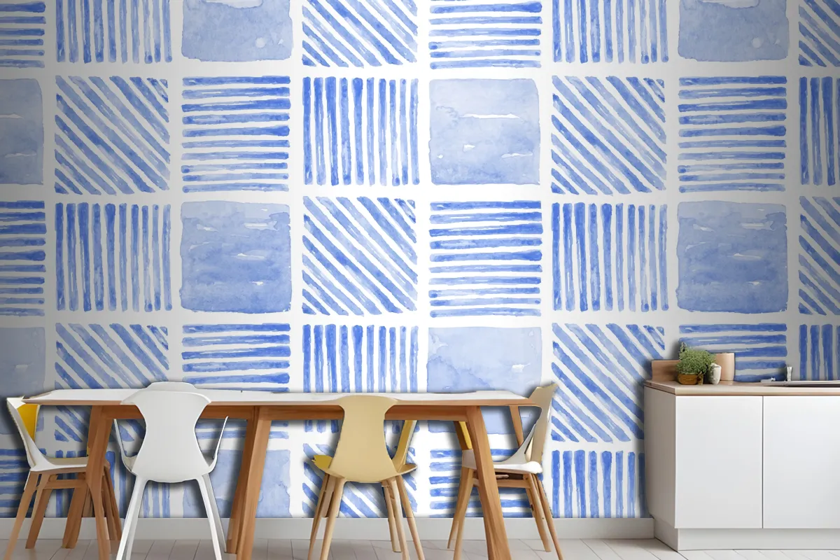 Indigo Blue Watercolor Geometric Seamless Patterned Wallpaper Mural