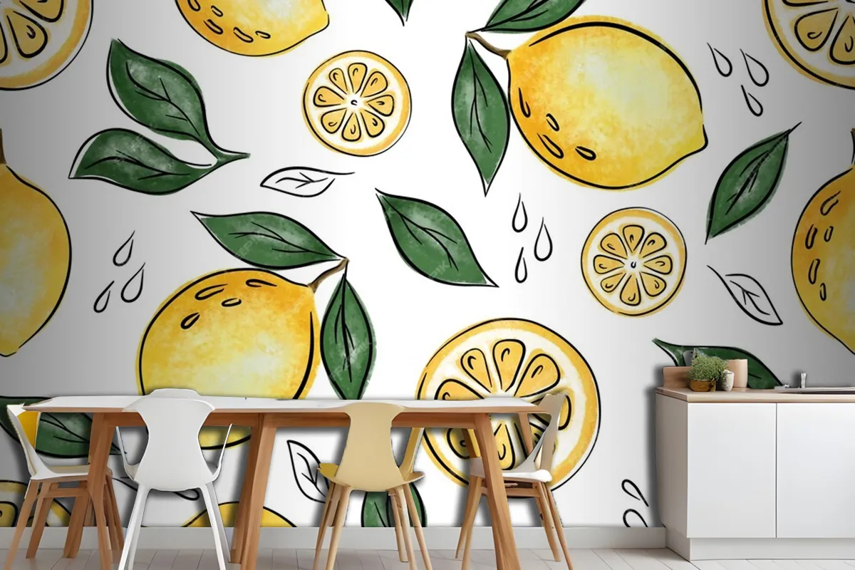 Juicy Seamless Pattern With Lemons And Leaves Wallpaper Mural