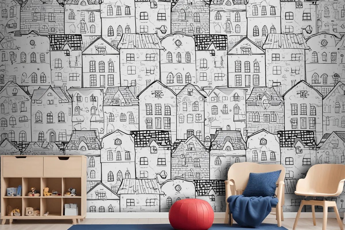 Kids Black And White Sketch House Wallpaper Mural