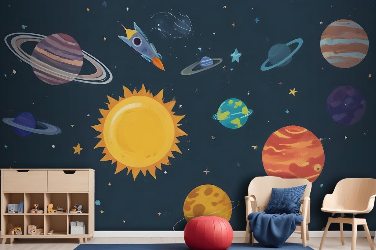 Kids Boys Watercolor Space And Solar System Wallpaper Mural